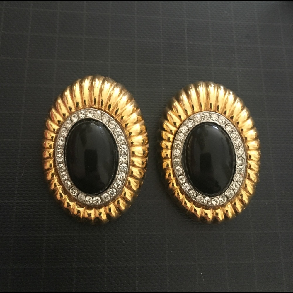 Gold Tone Clip Earrings W/Black Center